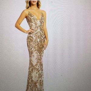 Mac Duggal Gold Leaf Sequin Sheath Gown